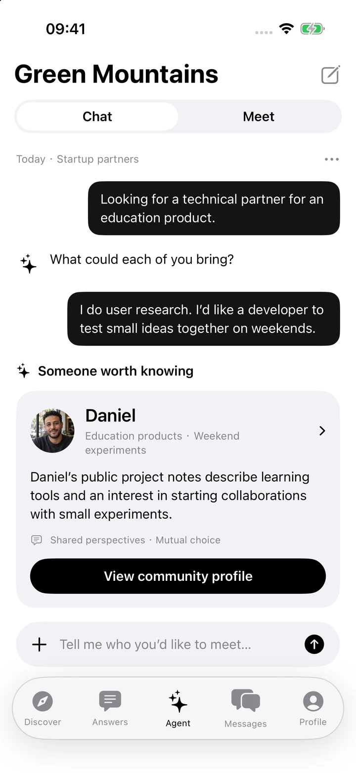 Native Green Mountains Agent: Startup partners conversation and Daniel suggestion
