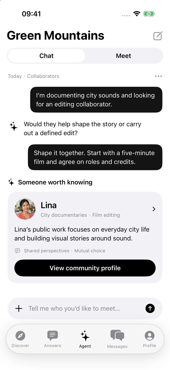 Native Green Mountains Agent: Collaborators conversation and Lina suggestion
