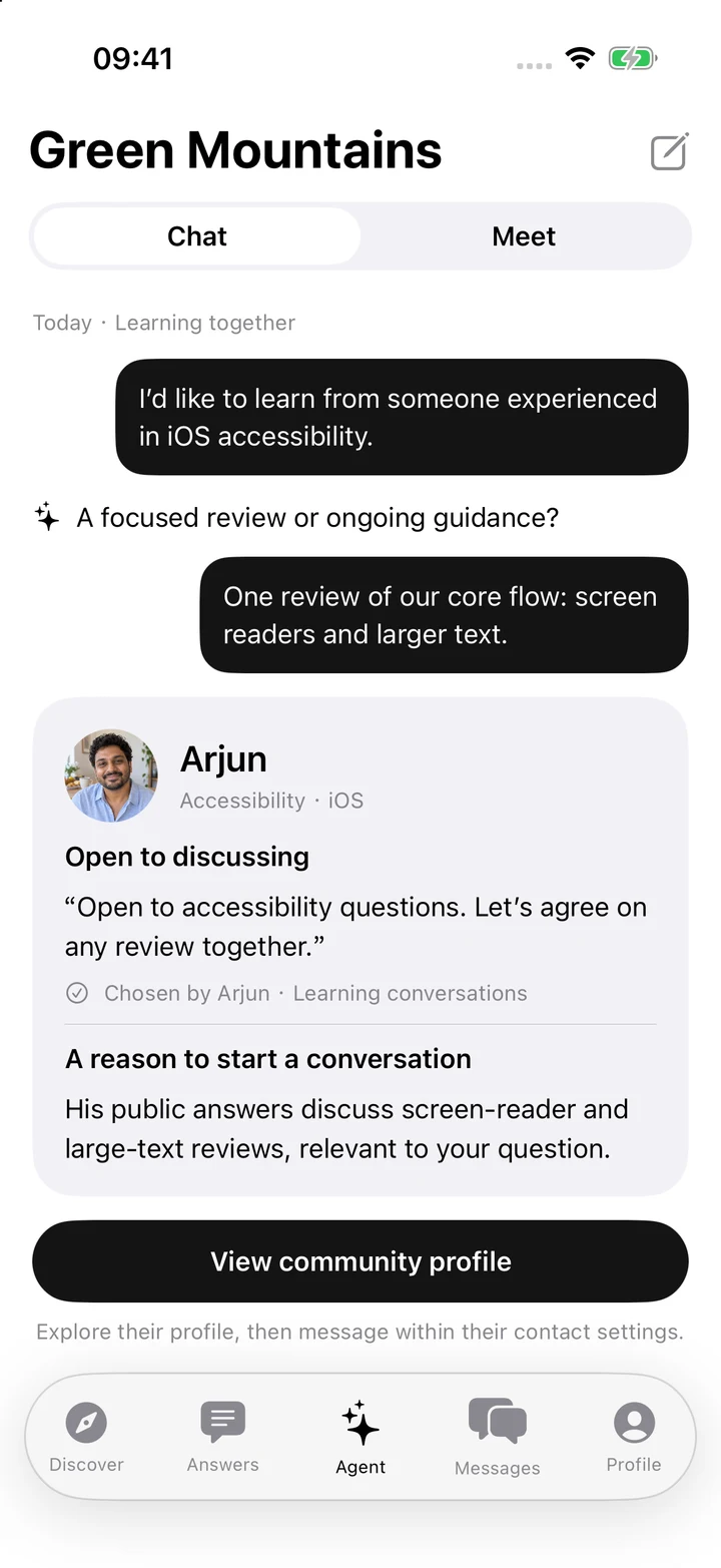 The Agent presents Arjun’s relevant experience and his chosen openness to learning conversations