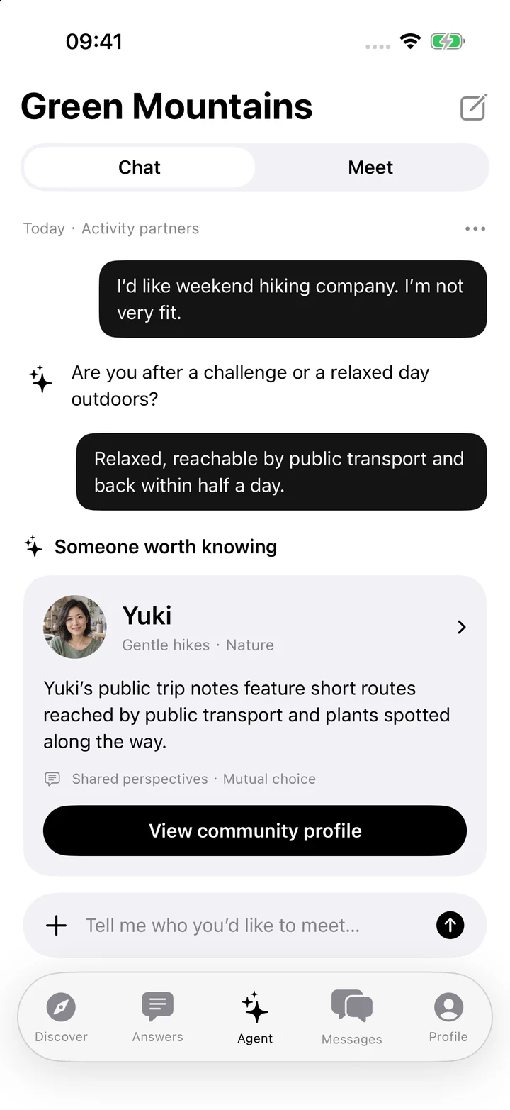 Native Green Mountains Agent: Activity partners conversation and Yuki suggestion