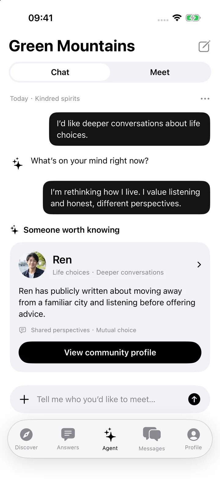 Native Green Mountains Agent: Kindred spirits conversation and Ren suggestion