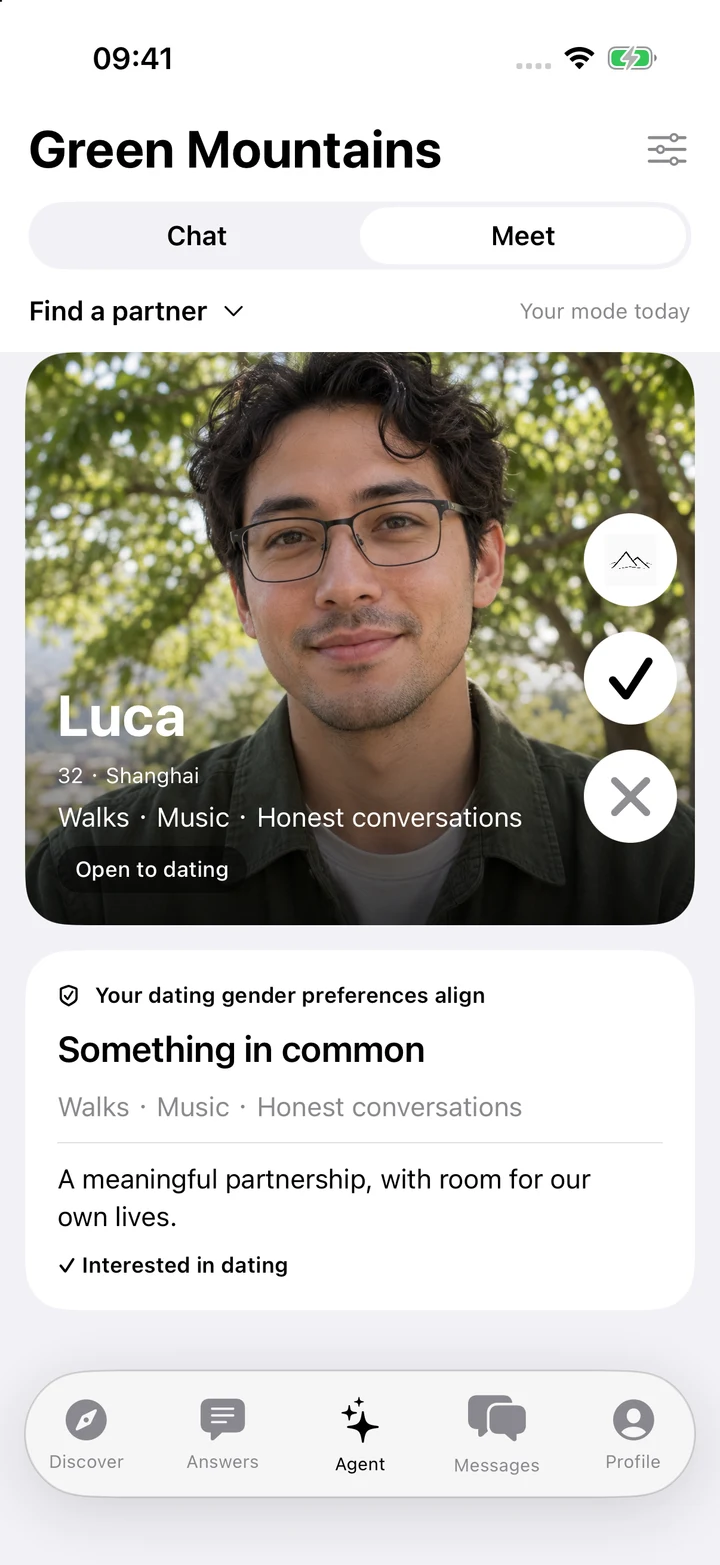 Meet card with community profile, interest and skip actions