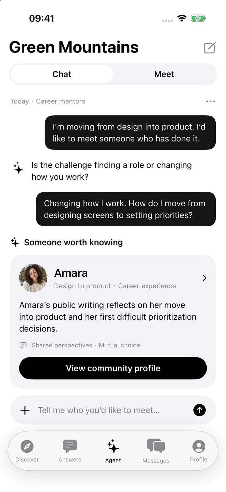 Native Green Mountains Agent: Career mentors conversation and Amara suggestion