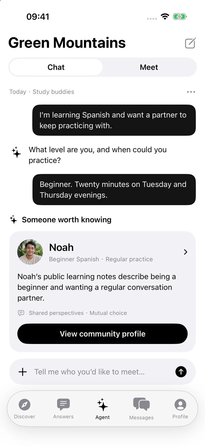 Native Green Mountains Agent: Study buddies conversation and Noah suggestion