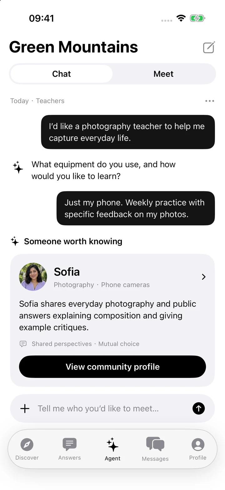 Native Green Mountains Agent: Teachers conversation and Sofia suggestion