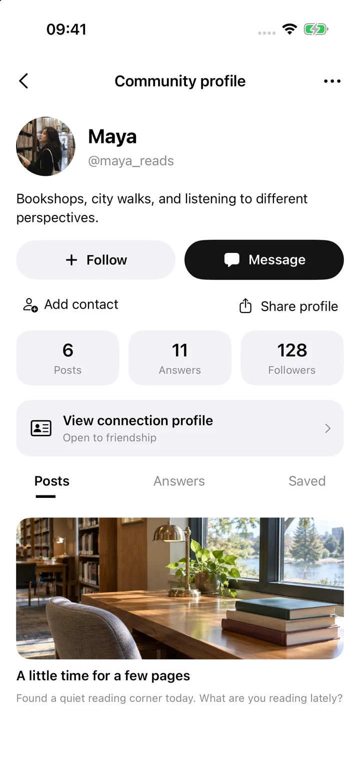 Maya’s community profile with follow, message, contact, connection profile and reading post