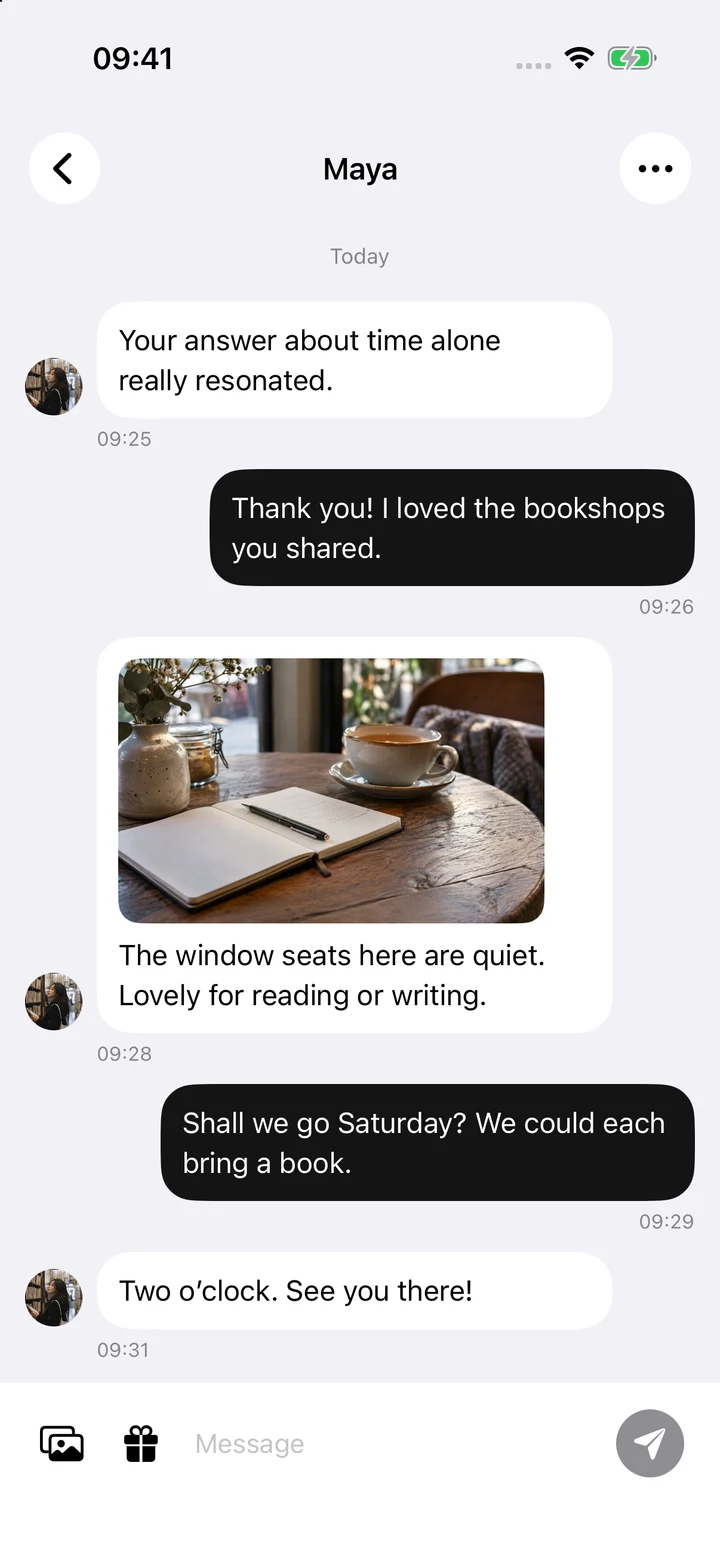 Green Mountains: direct messages with Maya, including a photo